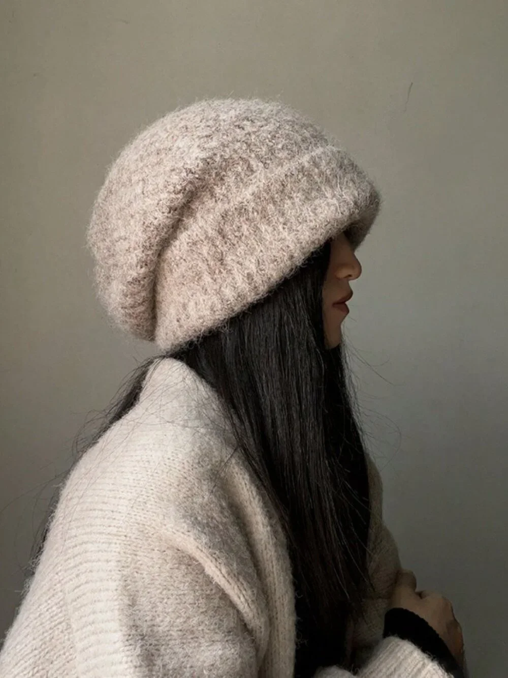 Khaki Casual Women's Fuzzy Plain Knitted Long Beanie